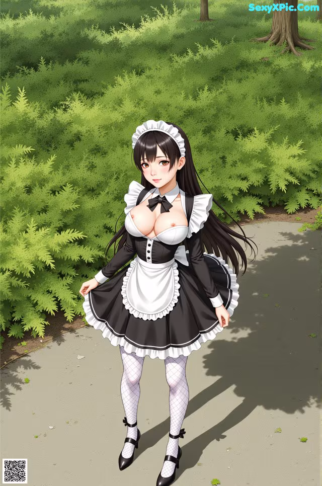 A woman in a maid outfit is walking down a path.