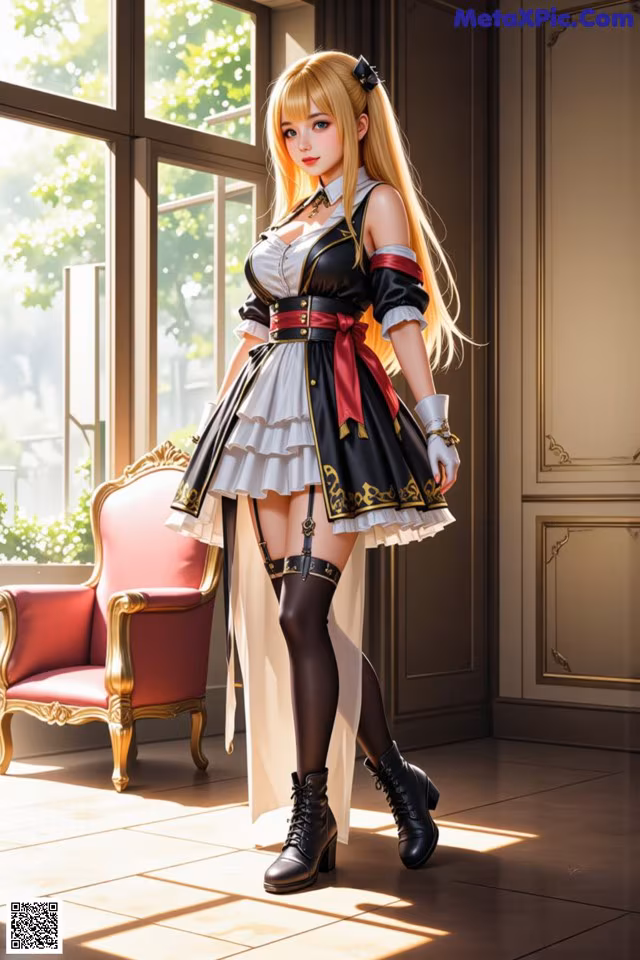 A woman in a black and white dress standing in front of a window.