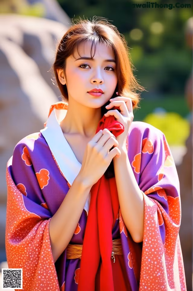 A woman in a purple and red kimono holding a red rose.