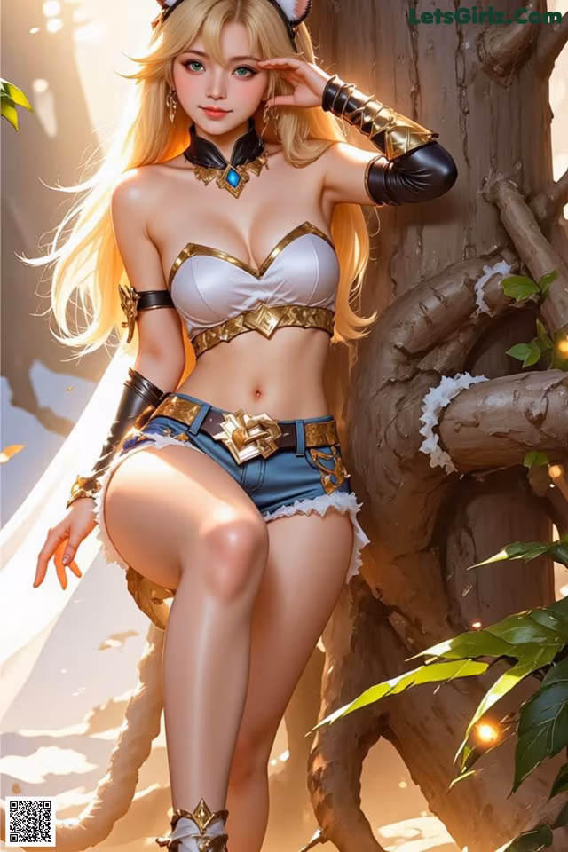 A woman in a bikini sitting on a tree.
