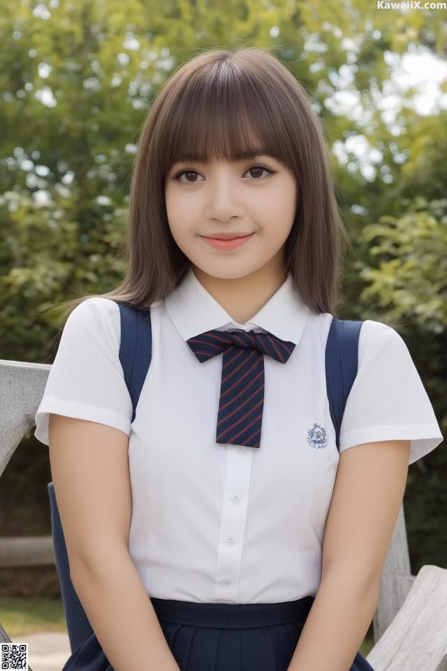 A young woman in a school uniform sitting on a bench.