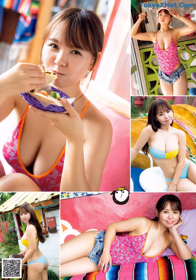 A woman in a bikini eating a piece of food.