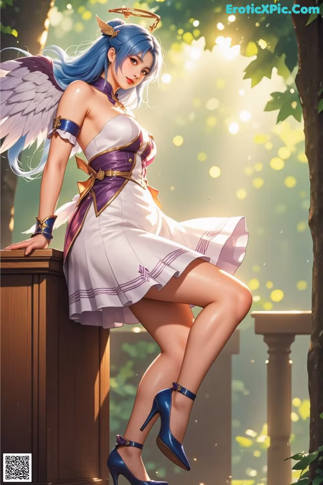 A woman in a white dress and blue shoes posing for a picture.