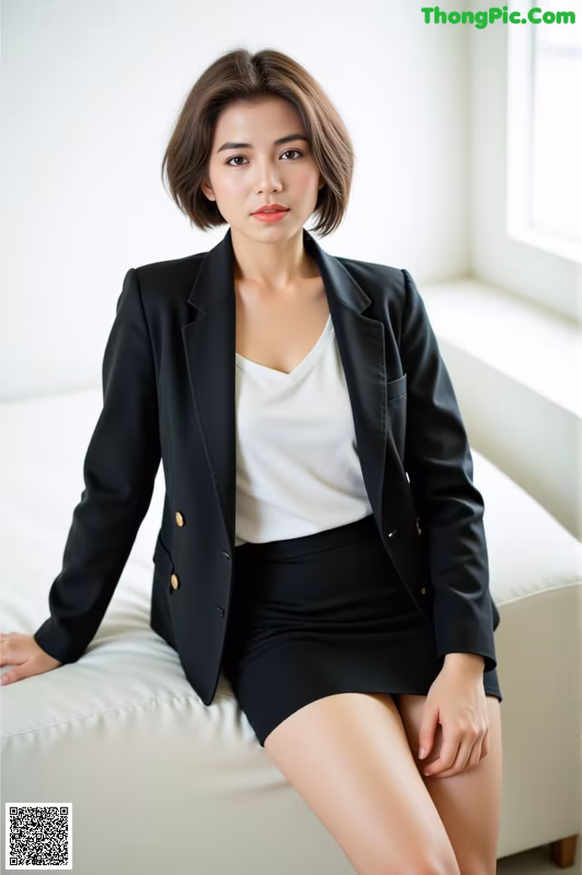 A woman in a black blazer and skirt sitting on a white couch.