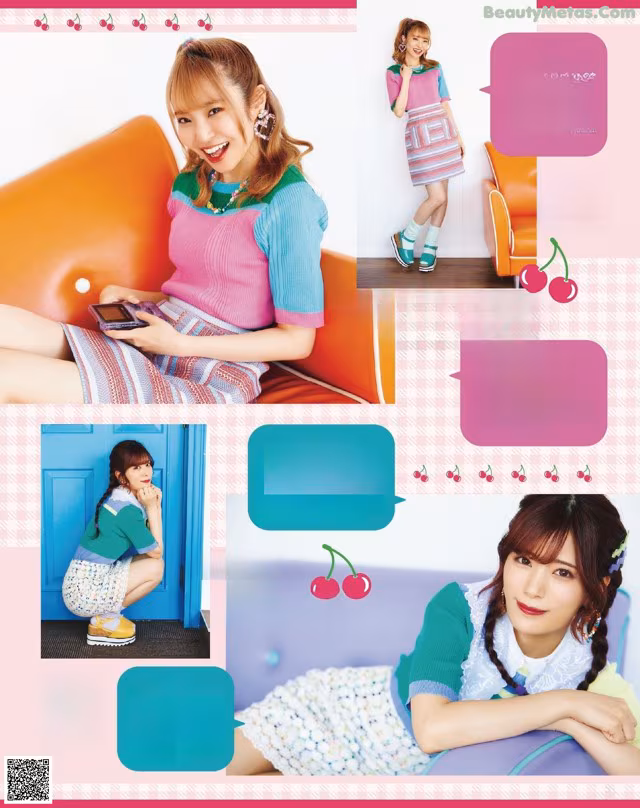 A magazine with a picture of a girl sitting on a couch.