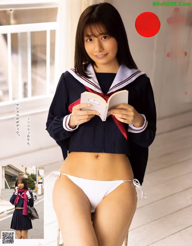 A woman in a school uniform is reading a book.