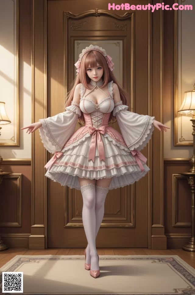 A woman in a pink and white dress standing in a room.
