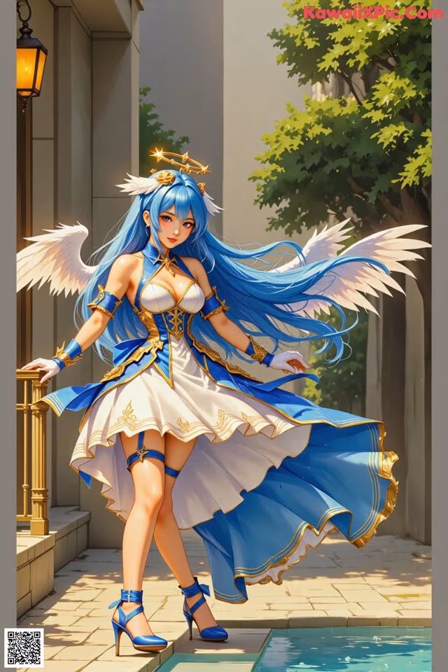 A woman in a blue and white dress with angel wings.