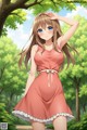 A girl in a pink dress standing in a forest.