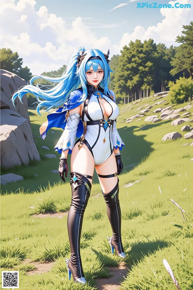 A woman with long blue hair standing in a field.