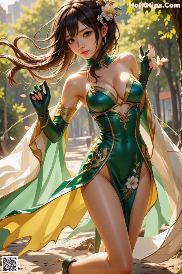 A woman in a green and gold outfit posing for a picture.