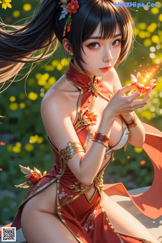 A woman in a red dress holding a flower in her hand.