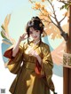 A woman in a yellow kimono standing next to a tree.