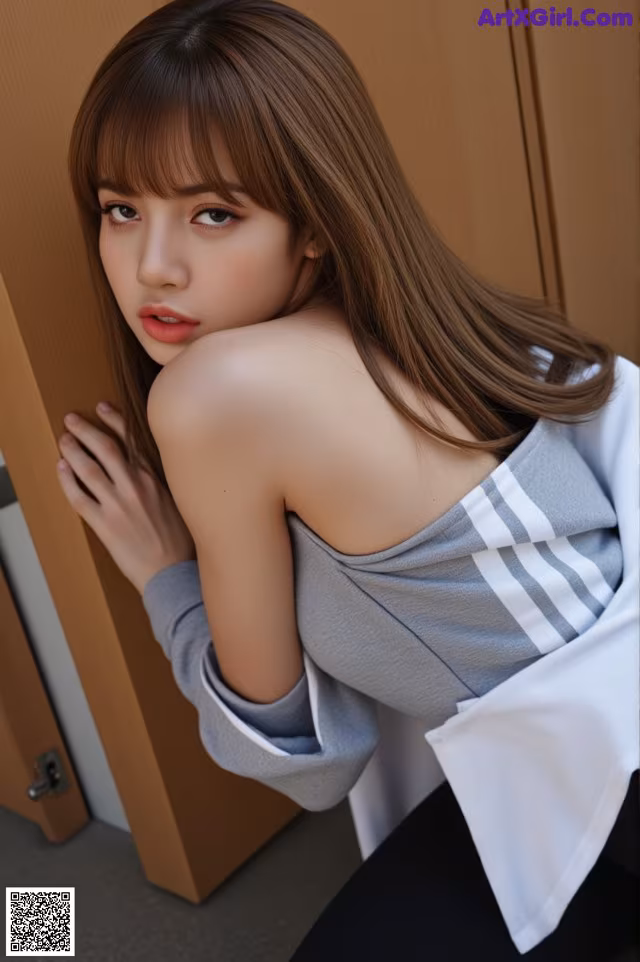 A woman with long brown hair leaning against a wooden door.
