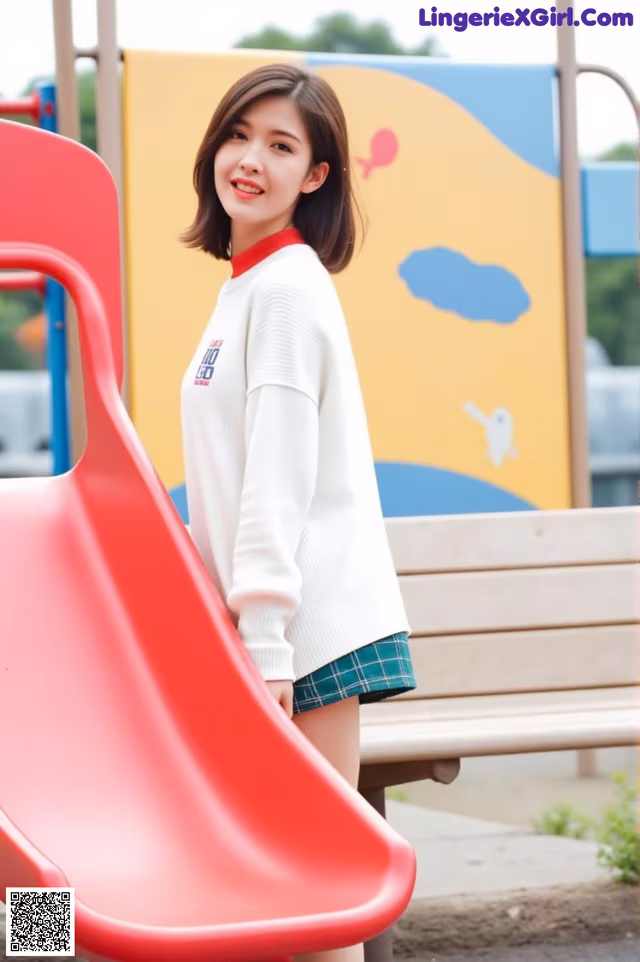 A young woman standing next to a red slide.