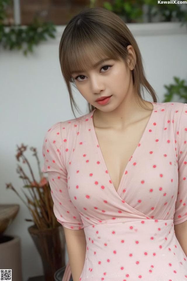 A woman in a pink dress posing for a picture.