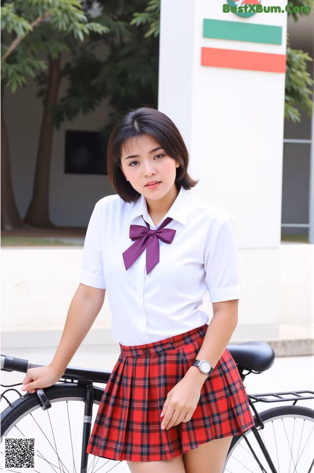 A woman in a school uniform standing next to a bike.