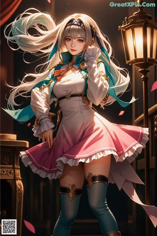 A woman in a pink and white dress standing next to a lamp post.